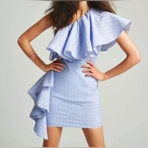 VIVA AVIVA $375 Blue Striped One Shoulder Ruffle Takeo Dress Women's Size 10